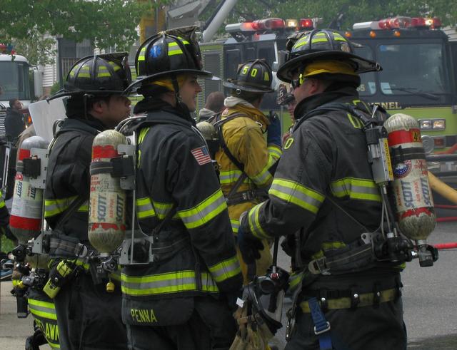 FF's Lullo, Penna, and McGuire standing by at Avenel's Madelaine Drive fire April 2012 (Photo courtesy of Corey Moran, WFD).